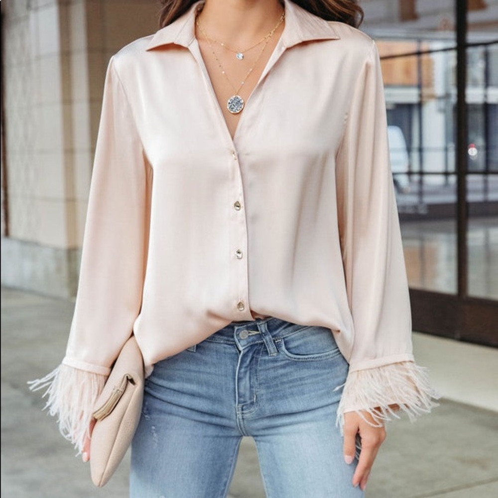 VICI satin blush shirt with feathers